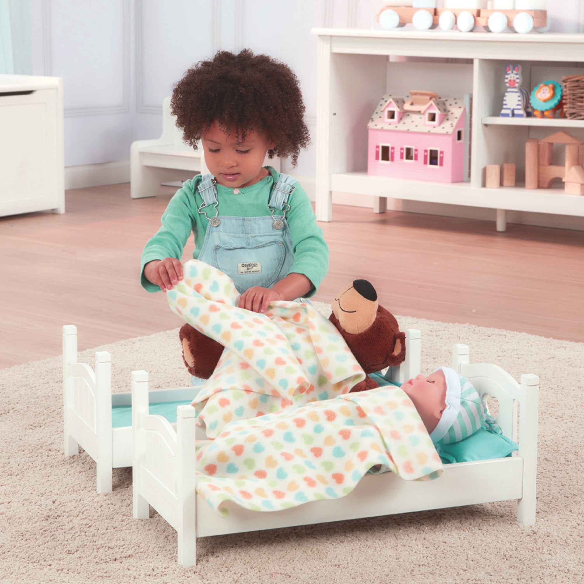 Melissa & Doug Mine to Love Wooden Play Bunk Bed for Dolls, Stuffed Animals - White (2 Beds, 17.4”H x 9.1”W x 20.7”L Assembled and Stacked)