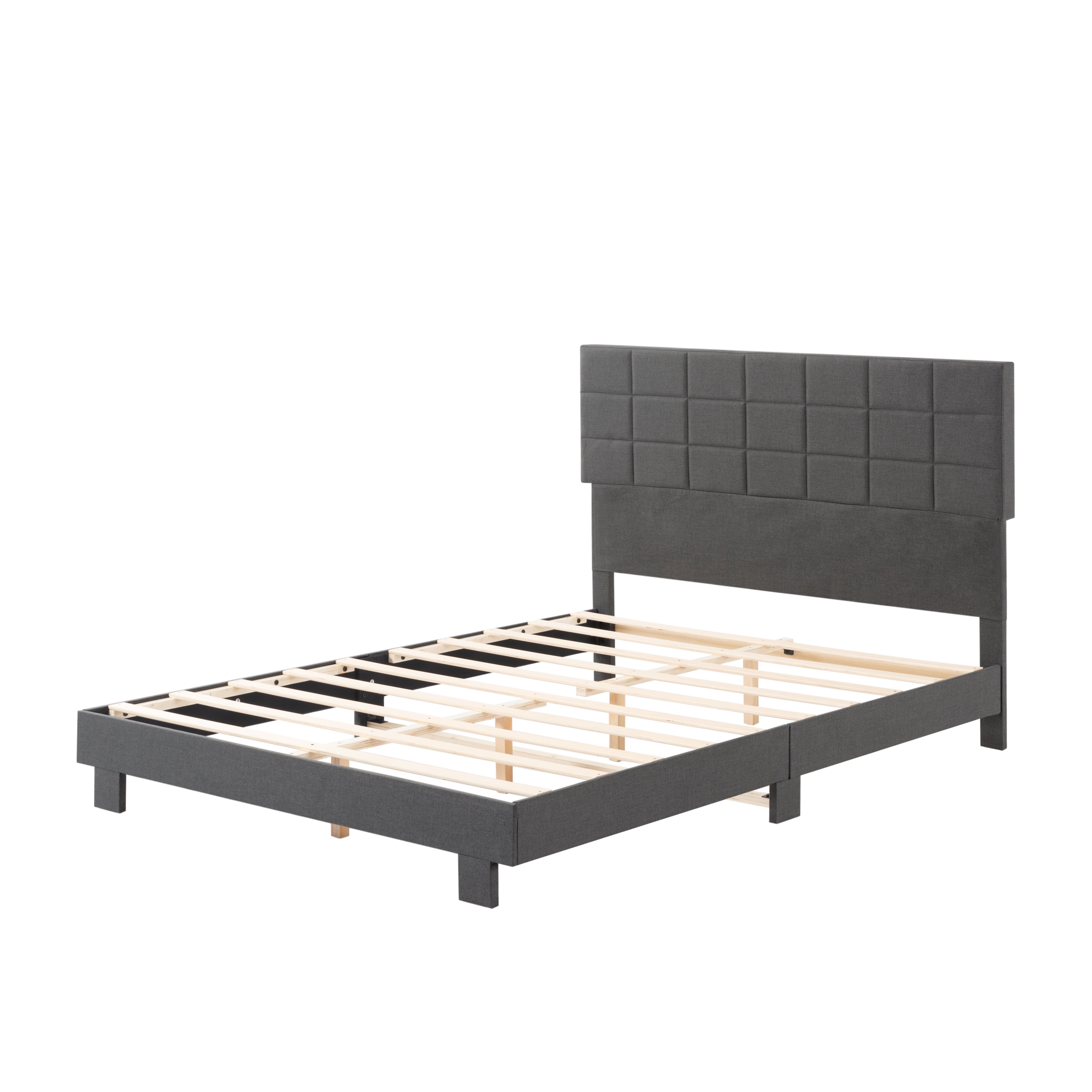 Gewnee Queen Size Platform Bed Frame, Adjustable Linen Upholstered Headboard, Wood Slats, Bedroom, Dark Grey
