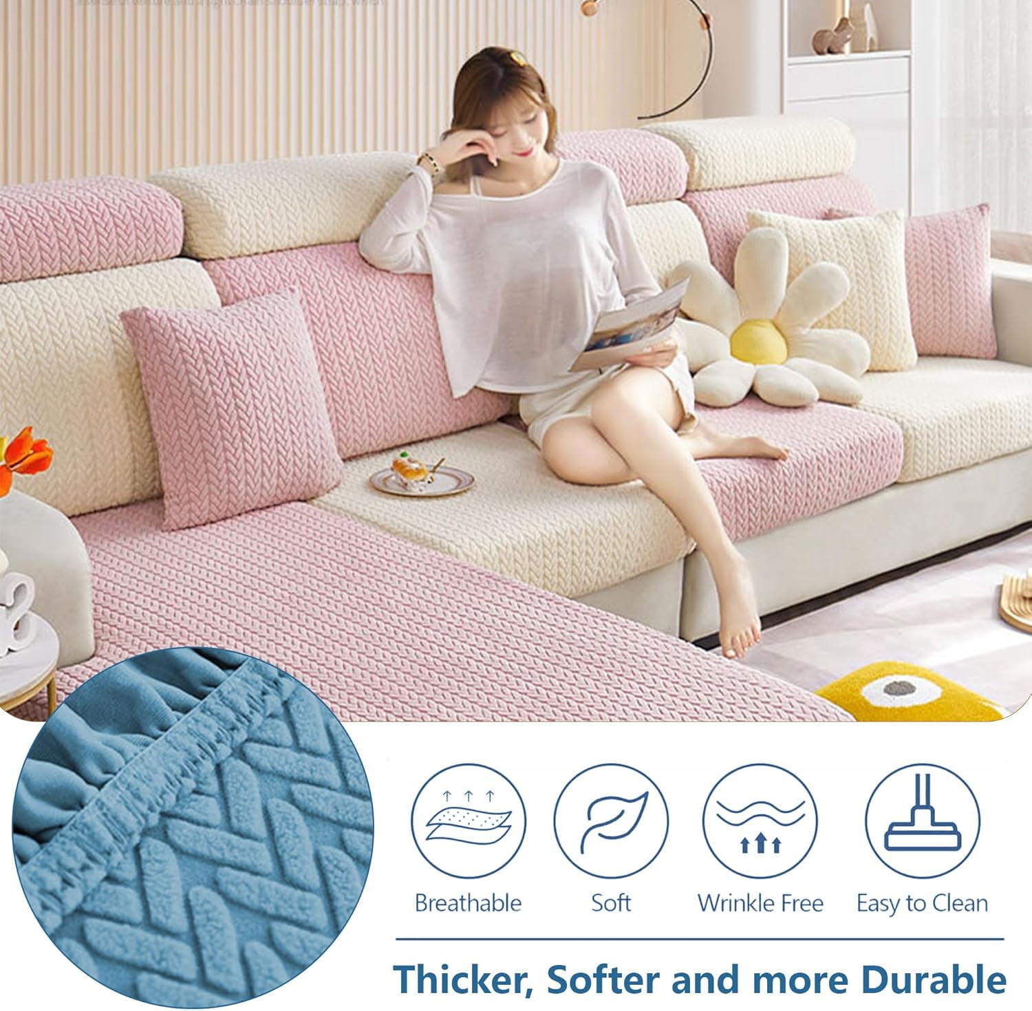 Sofa Covers Sectional Couch Covers:Washable Stretch Sofa Slipcovers,Wear-Resistant Universal Couch Cushion Replacement,3D Jacquard Velvet Magic Sofa Covers (Blue, Back Cover)