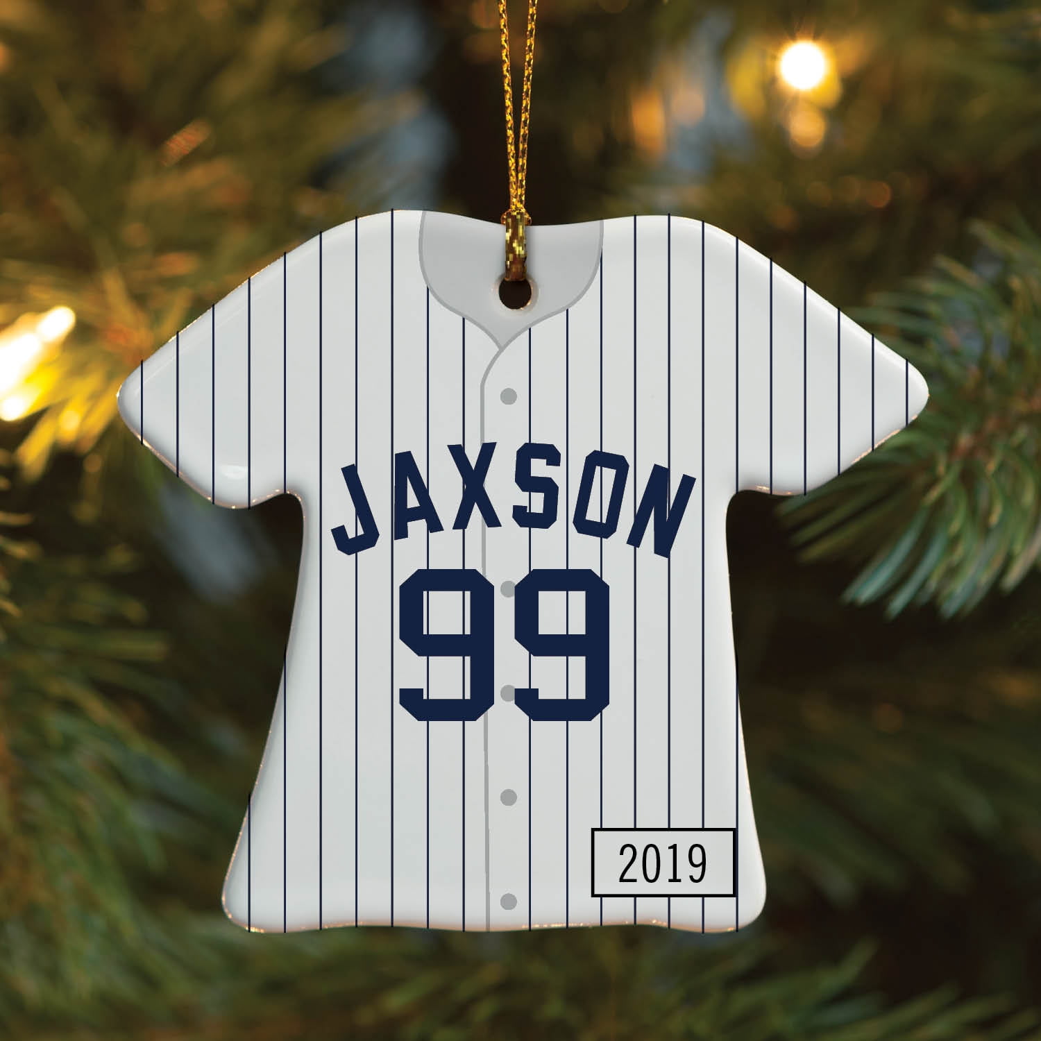 Personalized Baseball Jersey Christmas Tree Ornament, Navy Pinstripes