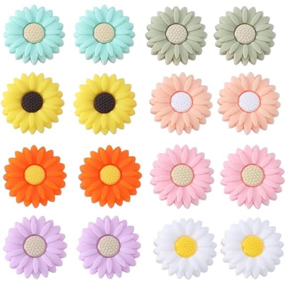 1 Box 16PCS Flower Silicone Beads Daisy Focal Silicone Beads Cute Rose Chunky Rubber Loose Spacer Double Sided Bead Bulk
