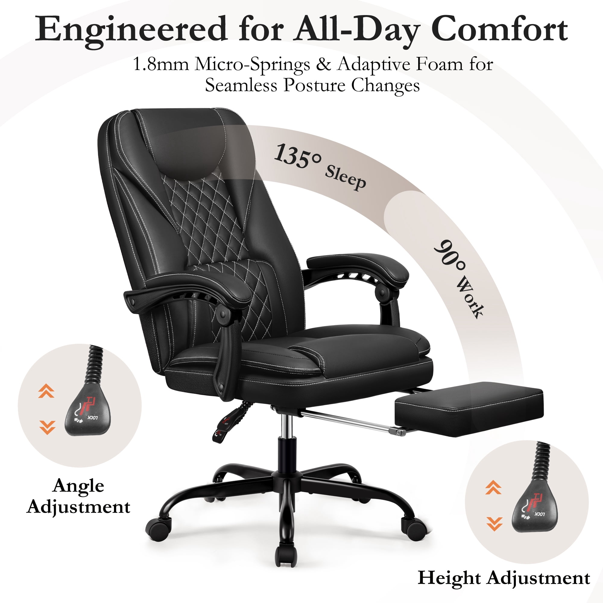 Primy Premium Executive Office Chair - Big & Tall PU Leather Reclining Chair with Footrest & Lumbar Support, 400lb Heavy Duty Ergonomic Computer Desk Chair for Home/Office, Black