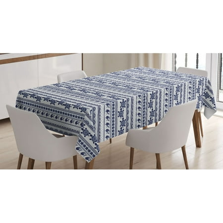

Underwater Tablecloth Ornamental Ethnic Style Starfish Tortoise Fishes Pattern with Stripes Cottage Rectangle Satin Table Cover for Dining Room and Kitchen 60 X 90 Indigo White by Ambesonne