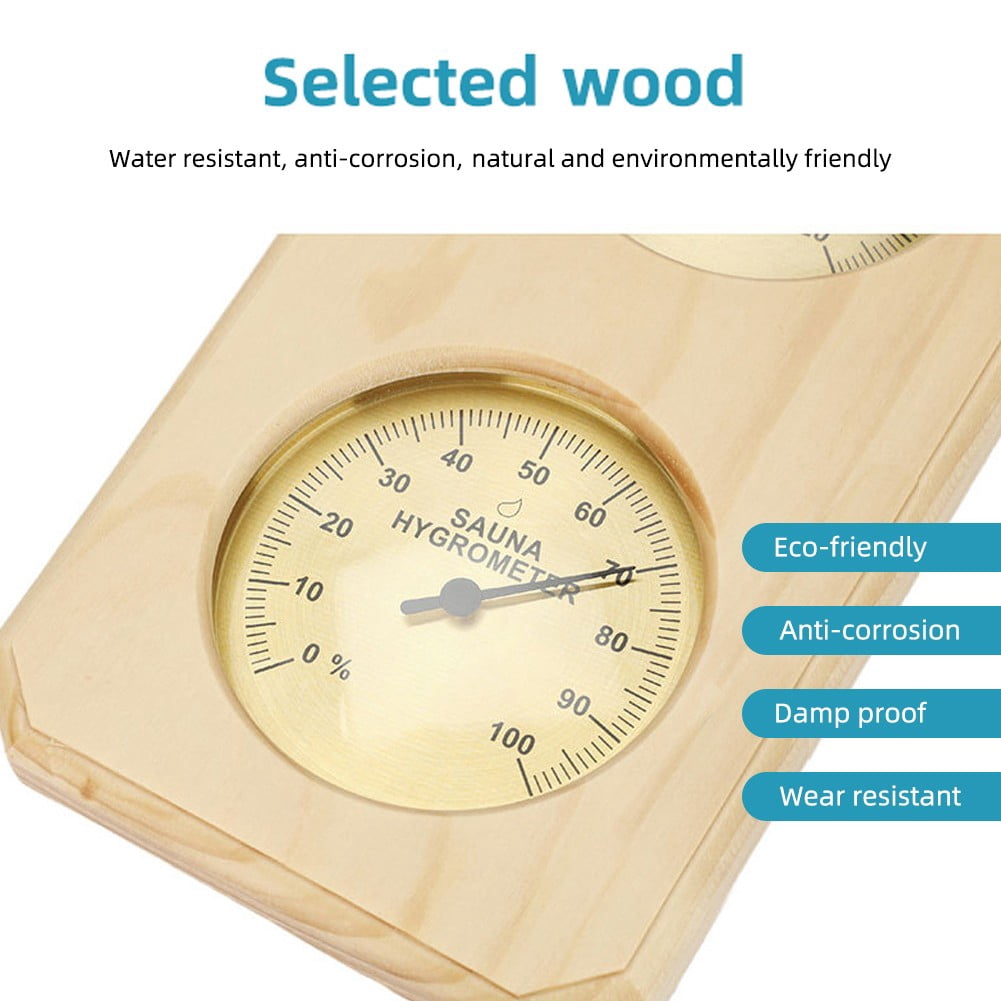 Pine Wood Sauna Thermometer Hygrometer 2 in 1 Wall Mounted Temperature Humidity Meter With Metal Construction For Steam Room Indoor 0-120℃ Measurement Range