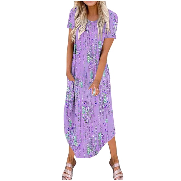 Vestidos de Verano de Mujer Casual Cuello Redondo Bolsillos de Manga Corta Impresión Vestido Largo, Vestido Ligero de Poliéster para Diario, Fiesta Y Primavera