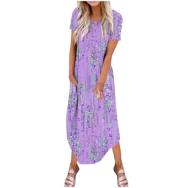 Vestidos de Verano de Mujer Casual Cuello Redondo Bolsillos de Manga Corta Impresión Vestido Largo, Vestido Ligero de Poliéster para Diario, Fiesta Y Primavera