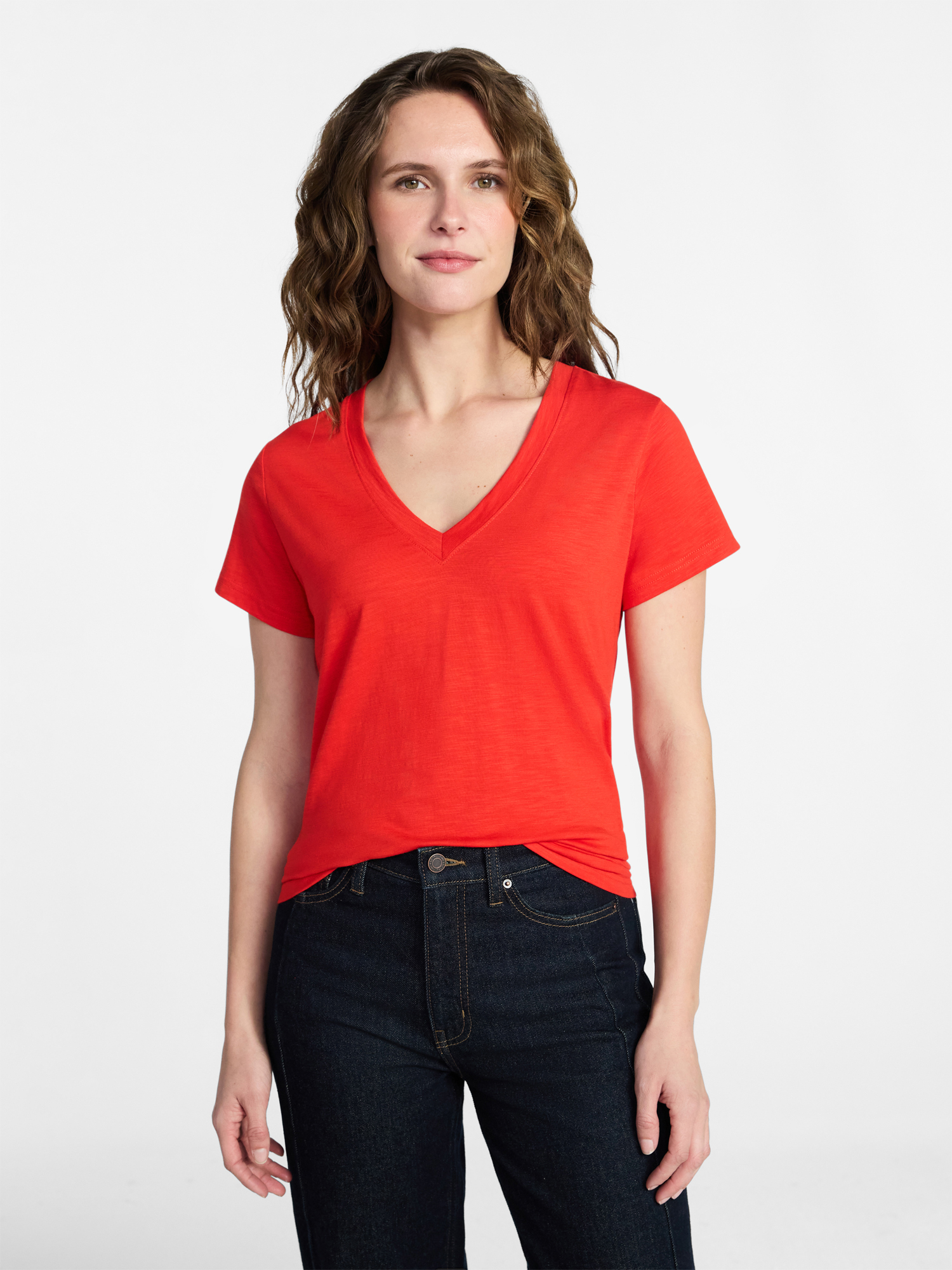 Time and Tru Women's Slub V Neck Tee with Short Sleeves, Sizes XS-XXXL