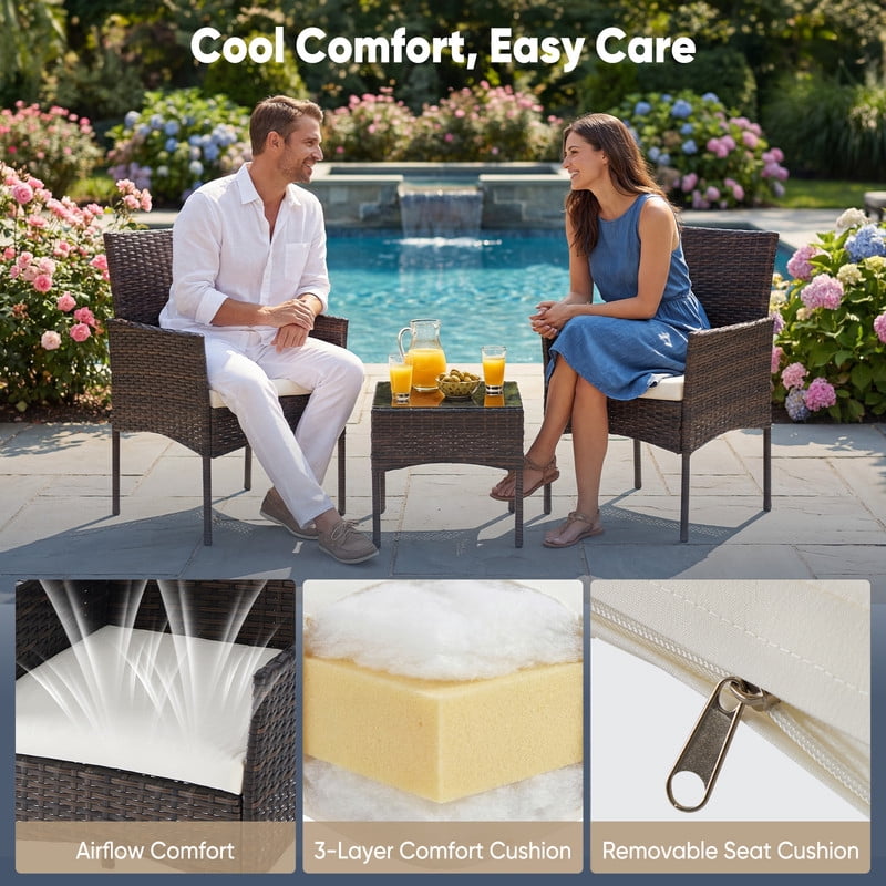 Gianna 3-Piece Patio Furniture Set, Outdoor Wicker Rattan Chairs with Removable Cushion & Glass Table, Conversation Furniture for Porch, Garden, Backyard, Poolside - Brown