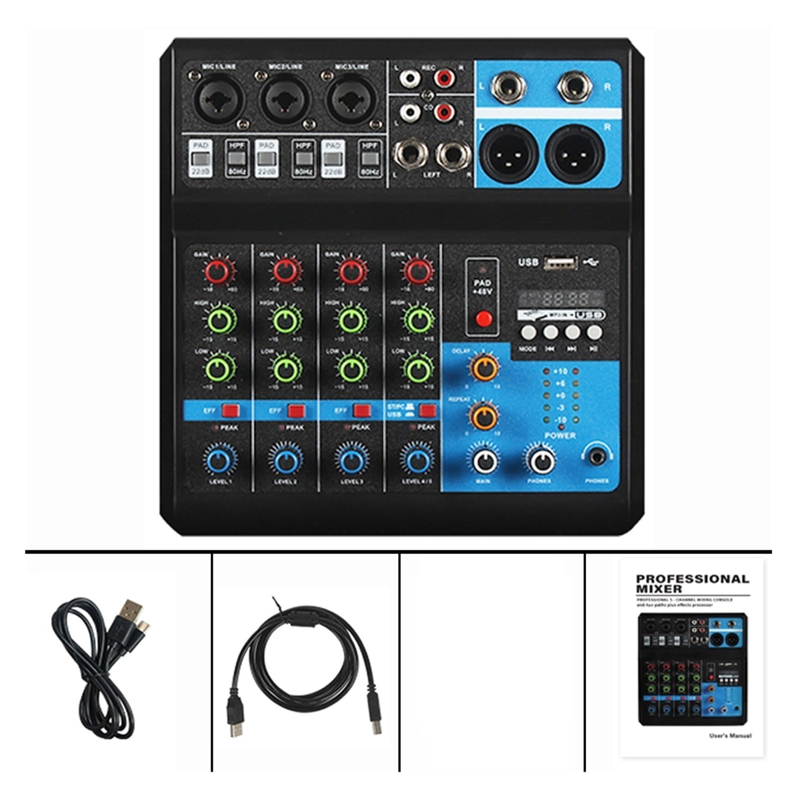 5-Channel Portable Professional DJ Mixer Built-in 48v Phantom Power USB Sound Mixing Console for Stage Live Broadcast ,Easy to Operate