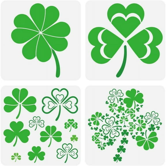4PCS Clover Stencil for Painting 11.8x11.8 inch Square Three Leaf Drawing Template Large Heart Pattern Leaves Painting Stencil St. Patrick's Day Theme Template for Wall Floor Decoration