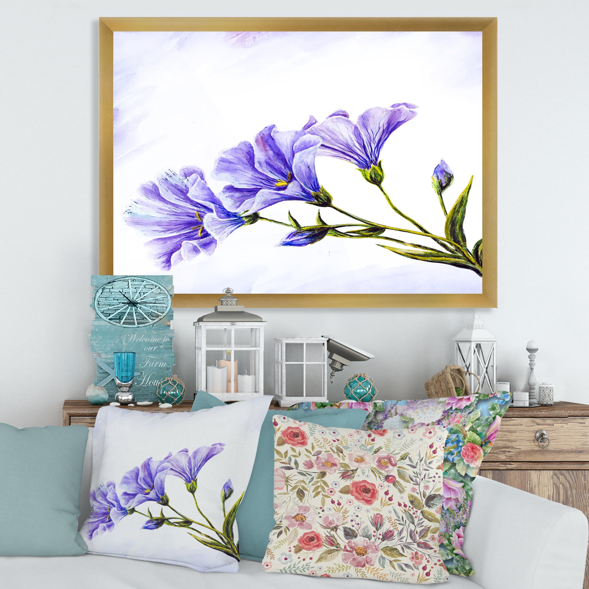 Designart 'Blue Wildflowers With Leaves II' Traditional Framed Art Print