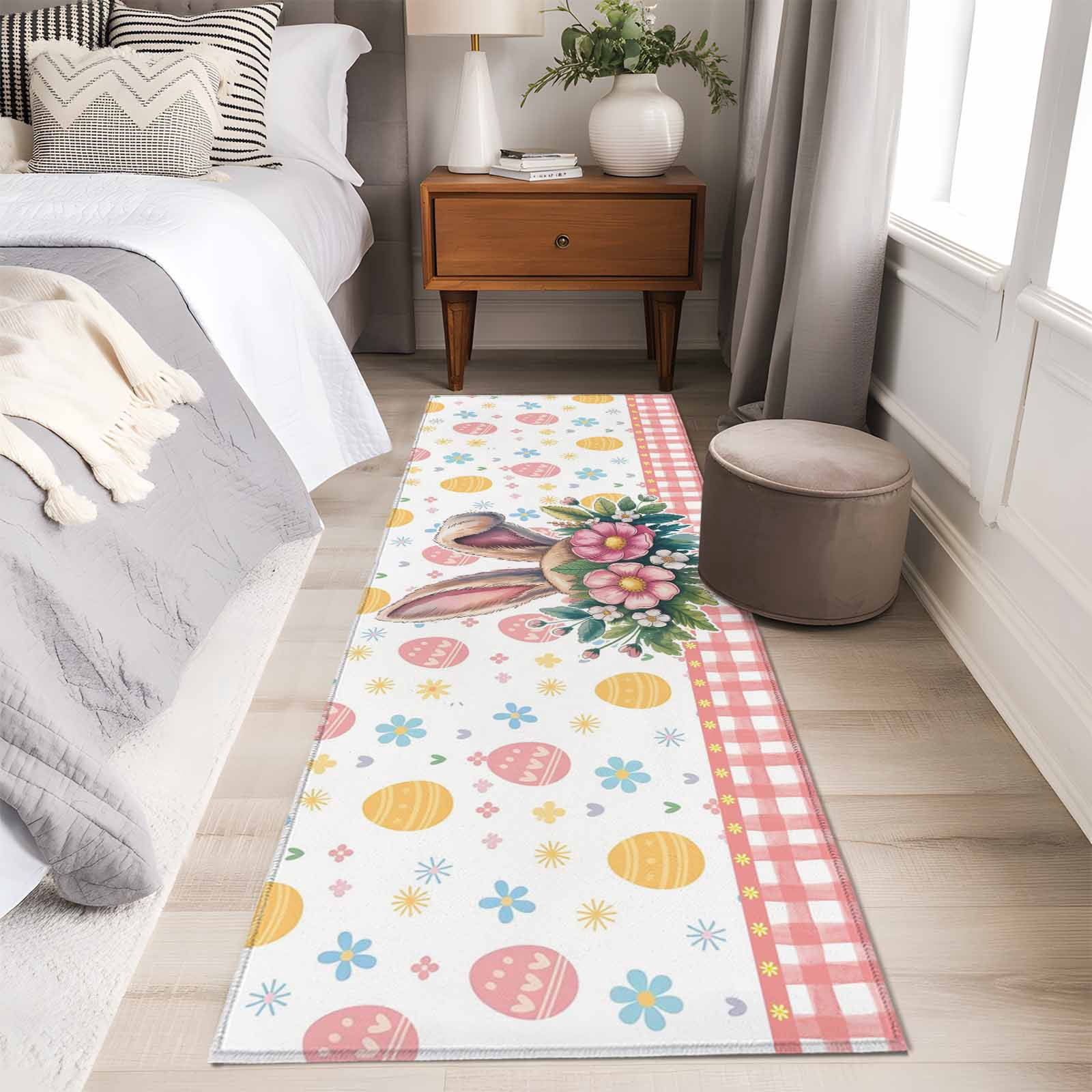 Easter 2'x6' Runner Rugs for Hallway Kitchen Bedside Non Slip Washable, Spring Floral Eggs Pink Checkered Pastoral Entryway Rug Runners with Rubber Backing, Long Carpet Runner for Laundry Room