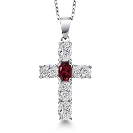 Gem Stone King 925 Sterling Silver Lab Grown Diamond and Red Rhodolite Garnet Cross Pendant Necklace for Women | 2.50 Cttw | Gemstone April Birthstone | Oval 6X4MM | With 18 inch Chain