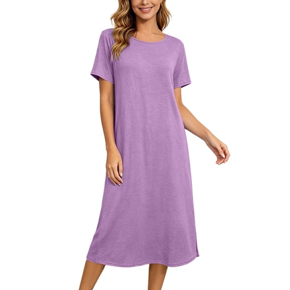 Jane Wardrobe Women’S Round Neck Short Sleeve Knit Midi Dress, Back Split Loose Fit Casual Nightgown, Soft Polyester Summer Home Wear Sleepwear Loungewear, 1 Piece, Sizes S Through XXL