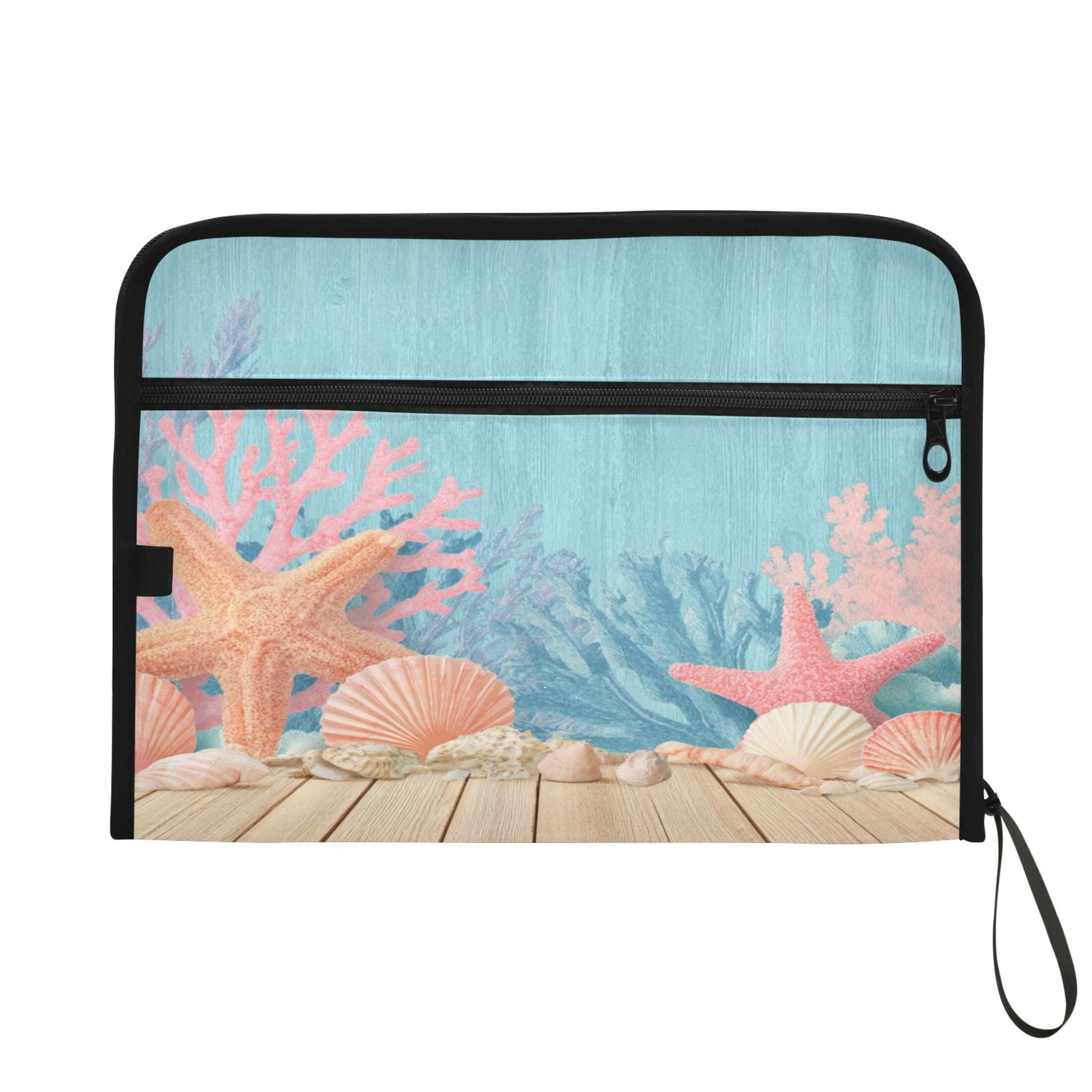 Accordion File Organizer with Zip Closure 13 Pockets Expanding File Folder Letter A4 Paper Document Organizer for Home Office Colorful Starfish and Seashells