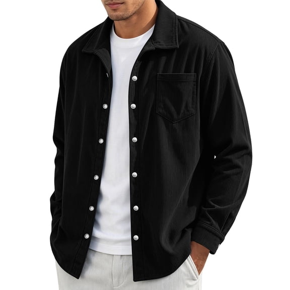 MXALUOB Men's Corduroy Jackets Button Front Textured Shirt Jacket with Chest Pocket Turn Down Collar Long Sleeve Casual Overshirt