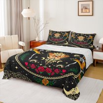 jejeloiu Halloween Skull Queen Sheet Sets,Gothic Theme Flat Sheet,Romantic Red Flower Queen Fitted Sheet For Kids,Breathable Home Decor,4pcs