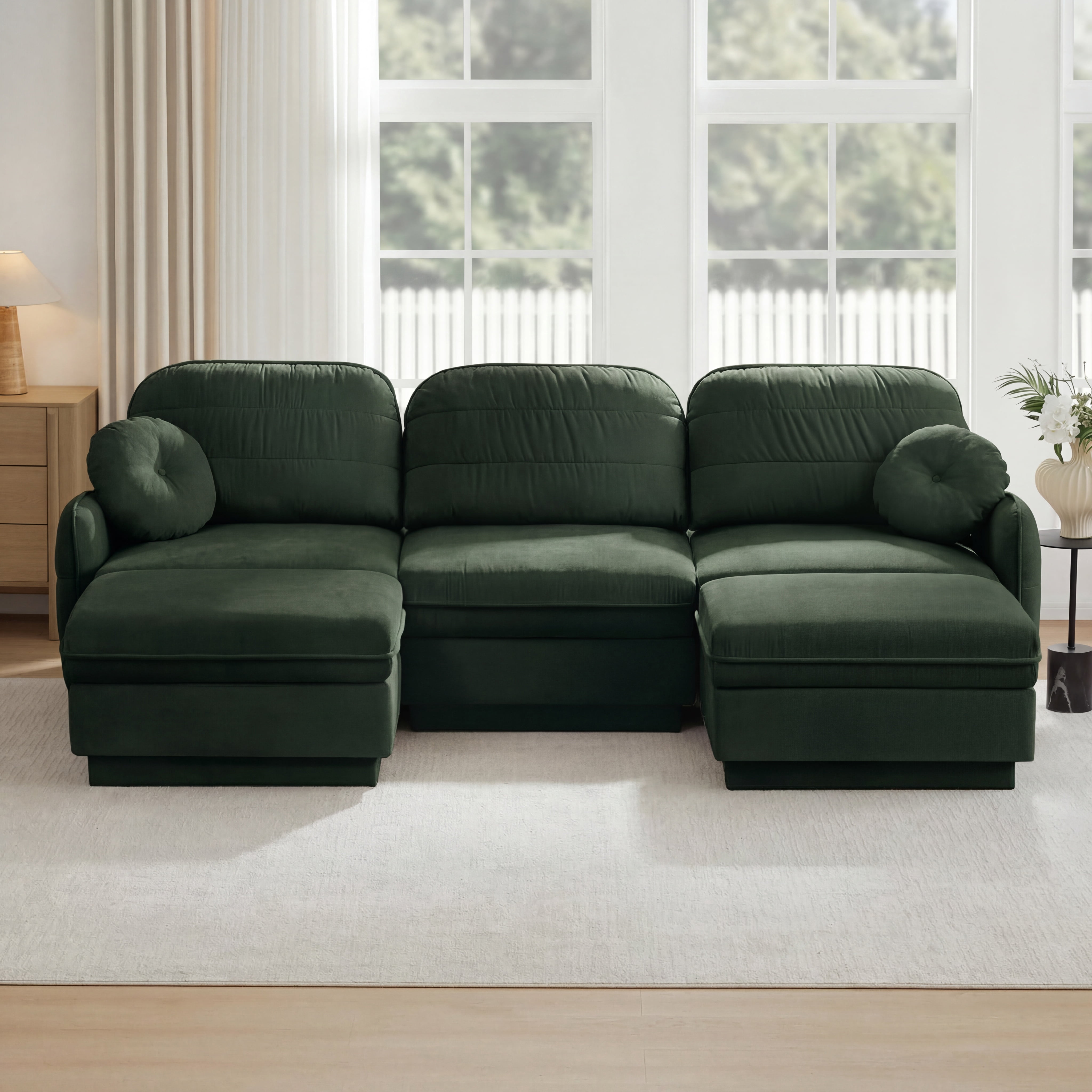 Mintazer 105" Chenille Cloud 3-Seater Modular Sectional Sofa with 2 Movable Ottoman & Round Pillows, U-Shaped Ergonomic Sofa Couch for Living Room, Apartment, Green
