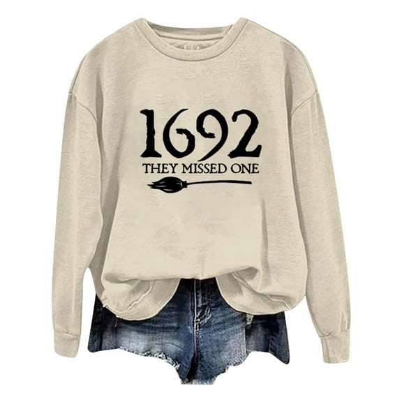 Goindgs Womens Sweatshirt Casual Hoodless Halloween Crewneck Long Sleeve Letter 1692 Digital Printed Hoodless Pullovers Blouses Hoodies Tops Fall Fashion Beige-L
