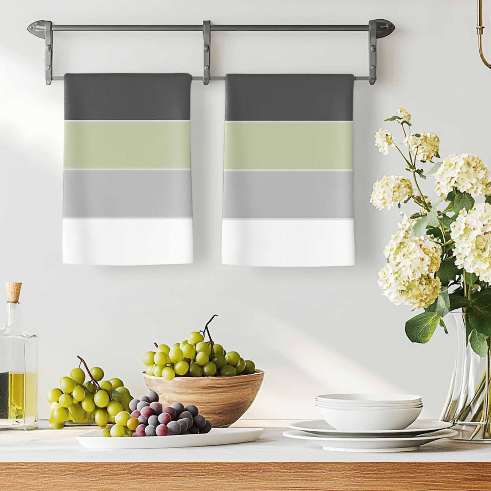 Grey Green Striped Kitchen Towels Set of 2, Farmhouse Modern Soft Microfiber Dish Towels, Absorbent Quick-Dry Washable Dishcloths for Kitchen Cleaning, Drying Dishes, 18x28 Inches