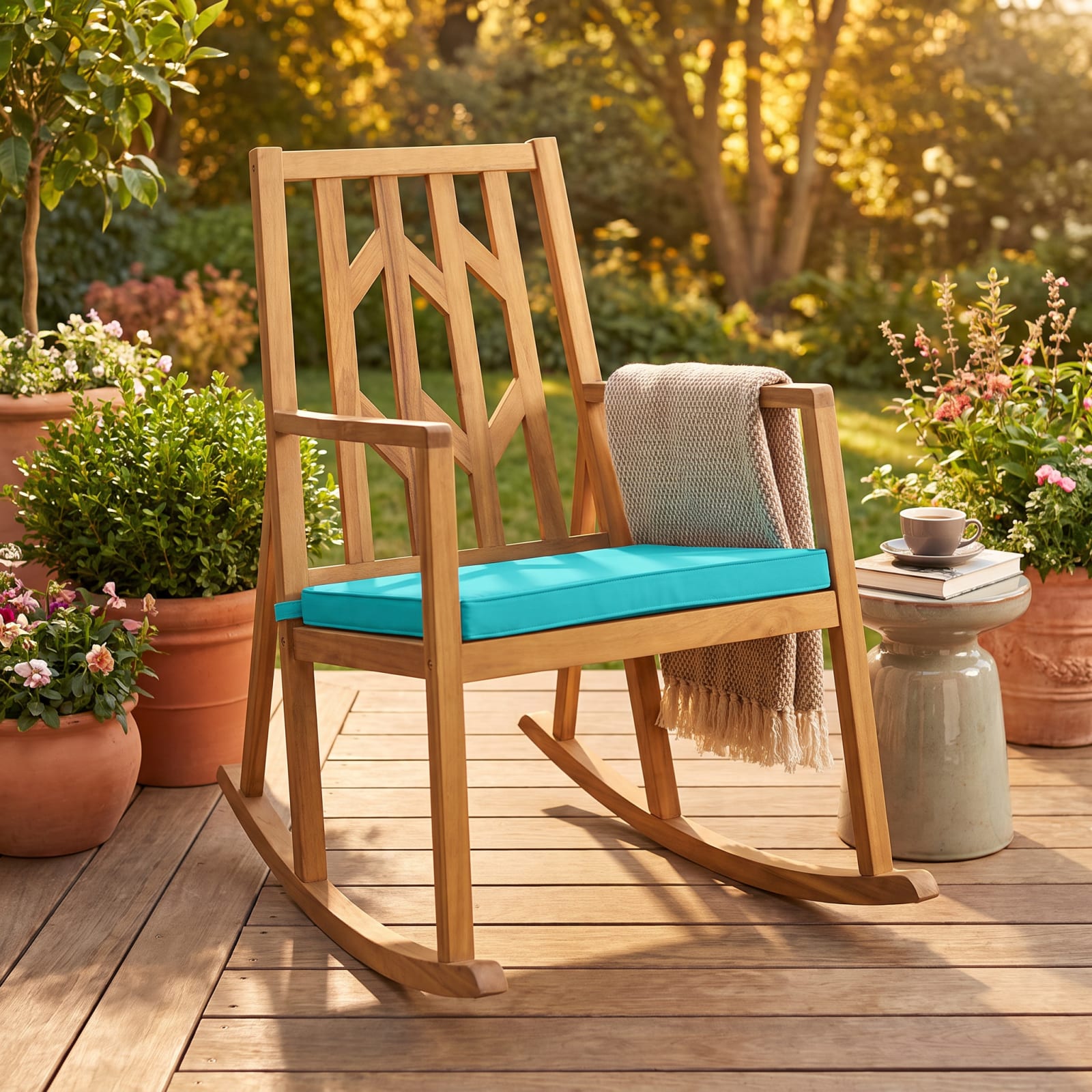 Furnibear Turquoise Outdoor Rocking Chair Acacia Wood for Porch Deck Balcony Holds 350 lbs Weather-Resistant Outdoor Furniture