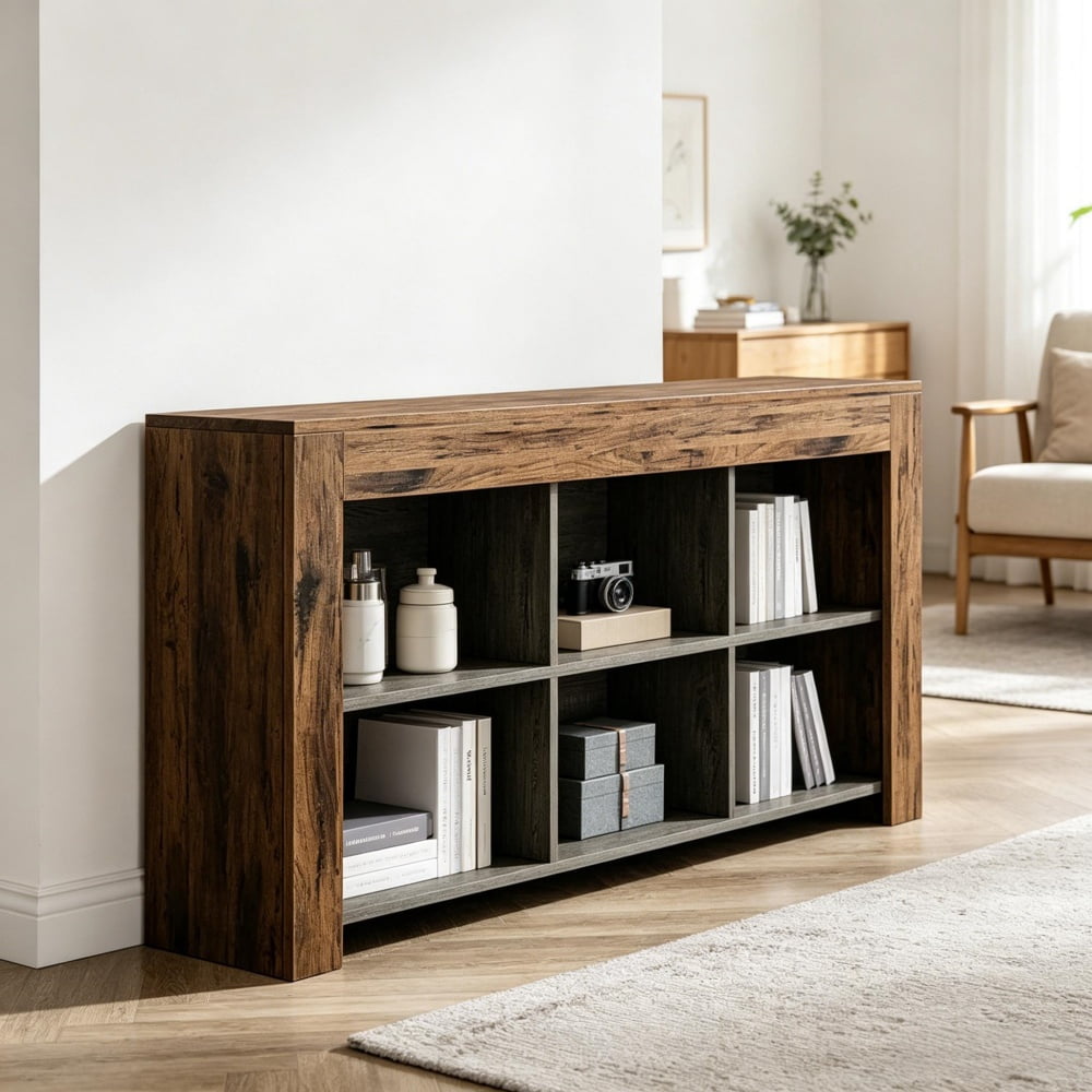 63 in Horizontal Bookshelf with 6 Storage Cubes, MDF, Rustic Industrial Style