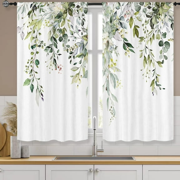 Eucalyptus Leaves Kitchen Curtains Rod Pocket Watercolor Sage Green Leaf on The Top Floral Small Short Cafe Tier Curtains Plant Window Drape Treatment Home Decor(27.5W X 39L Inch 2 Panels)