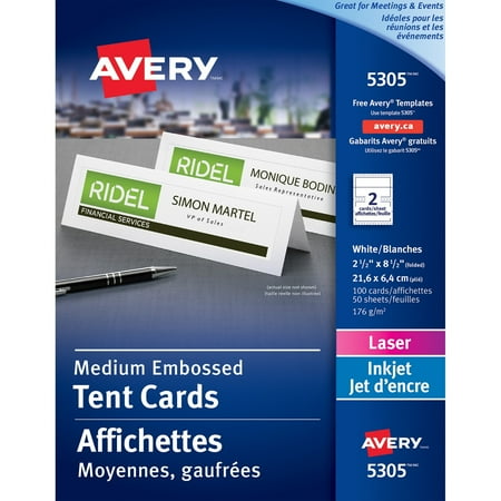 Avery Medium Embossed Tent Cards, White, 2 1/2 x 8 1/2, 2 Cards/Sheet, 100/Box