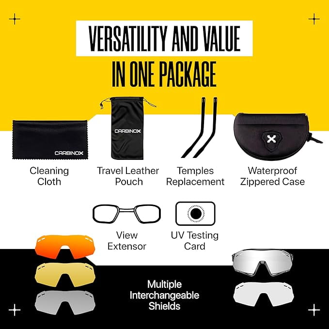 Carbinox Sports Sunglasses with Multiple Shield Lenses Anti-Glare, 100% UV Protection with Hard Case and Accessories, Black Frame