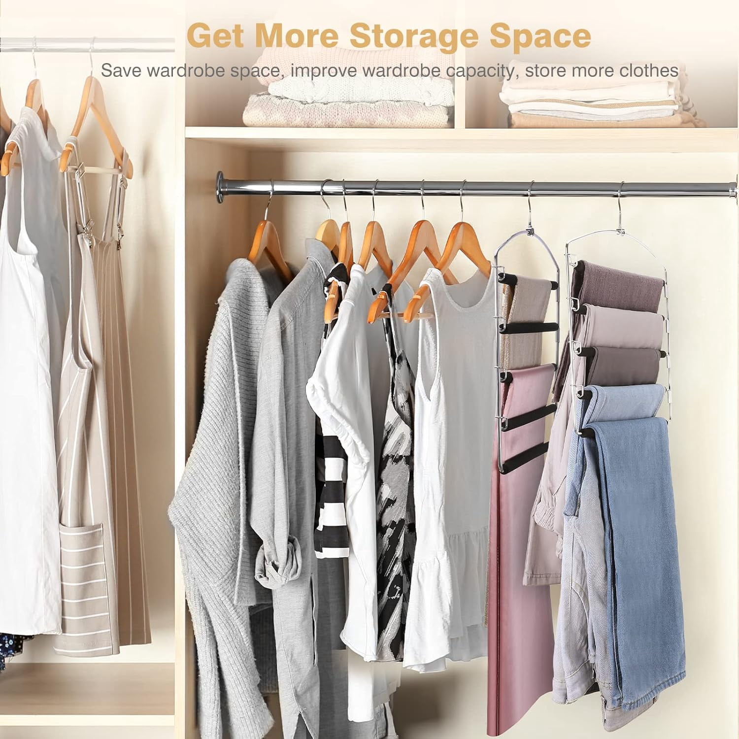 Manss Pants Hangers, Set of 4, 5 Tiers Non-Slip Skirt Hangers, Clothes Hangers with Swing Arm,Space Saving Pants Organizers, for Closet,Black