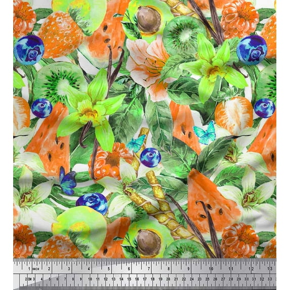Soimoi Orange Polyester Crepe Fabric Floral,Strawberry & Watermelon Fruits Printed Craft Fabric by The Yard 52 Inch Wide