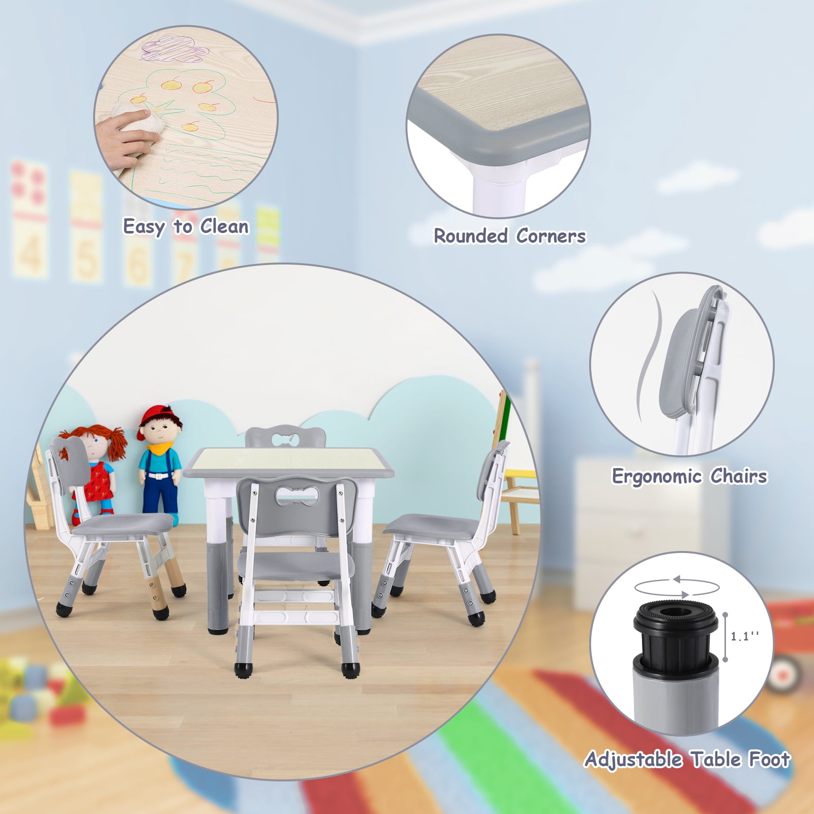 Pirecart Kids Table and 4 Chairs Set Height Adjustable Toddler Art Desk for Reading Drawing Eating, Suitable for Ages 2-10, Gary