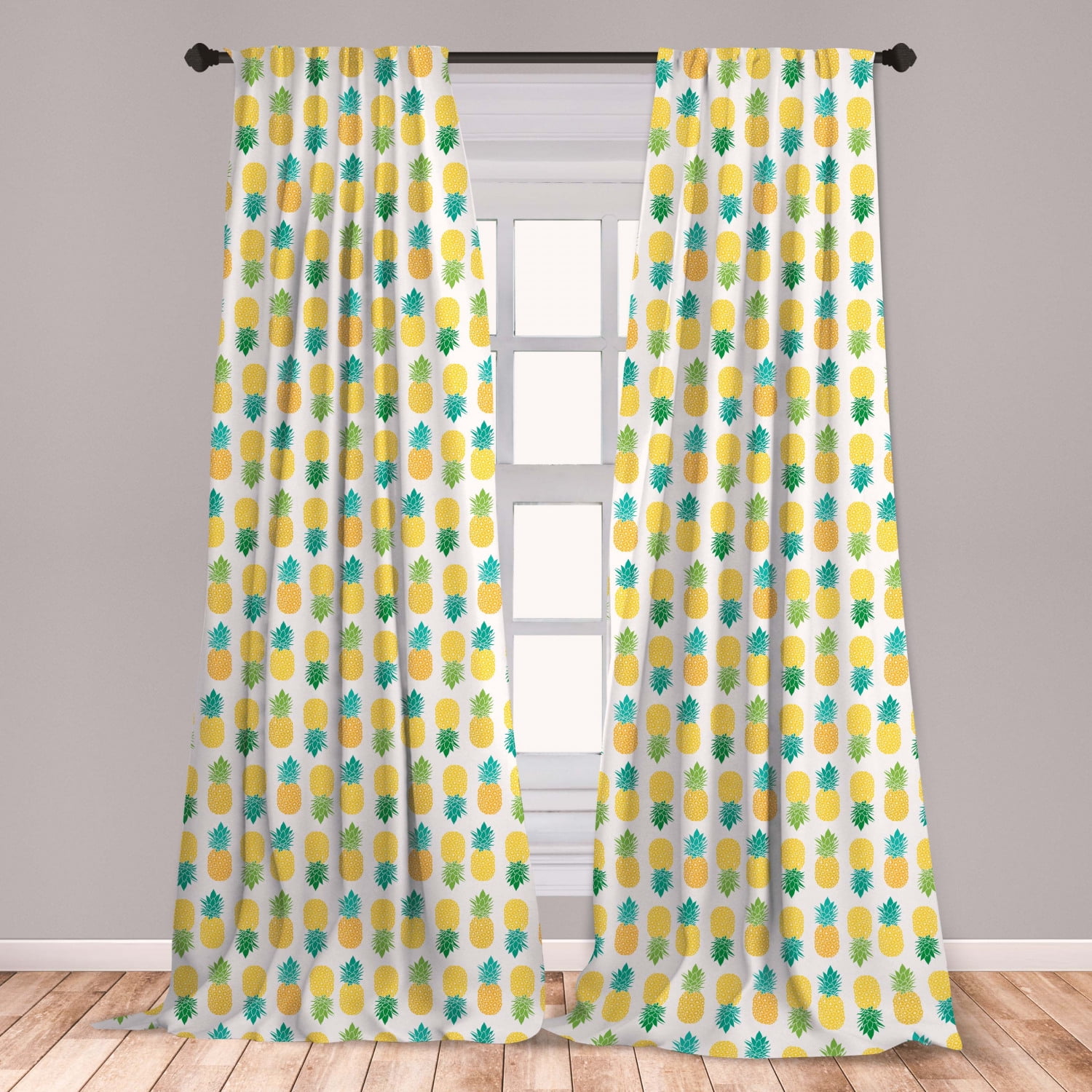 Green and Yellow Curtains 2 Panels Set, Fresh Hawaii Foliage with Blooming Leaves on Fruits