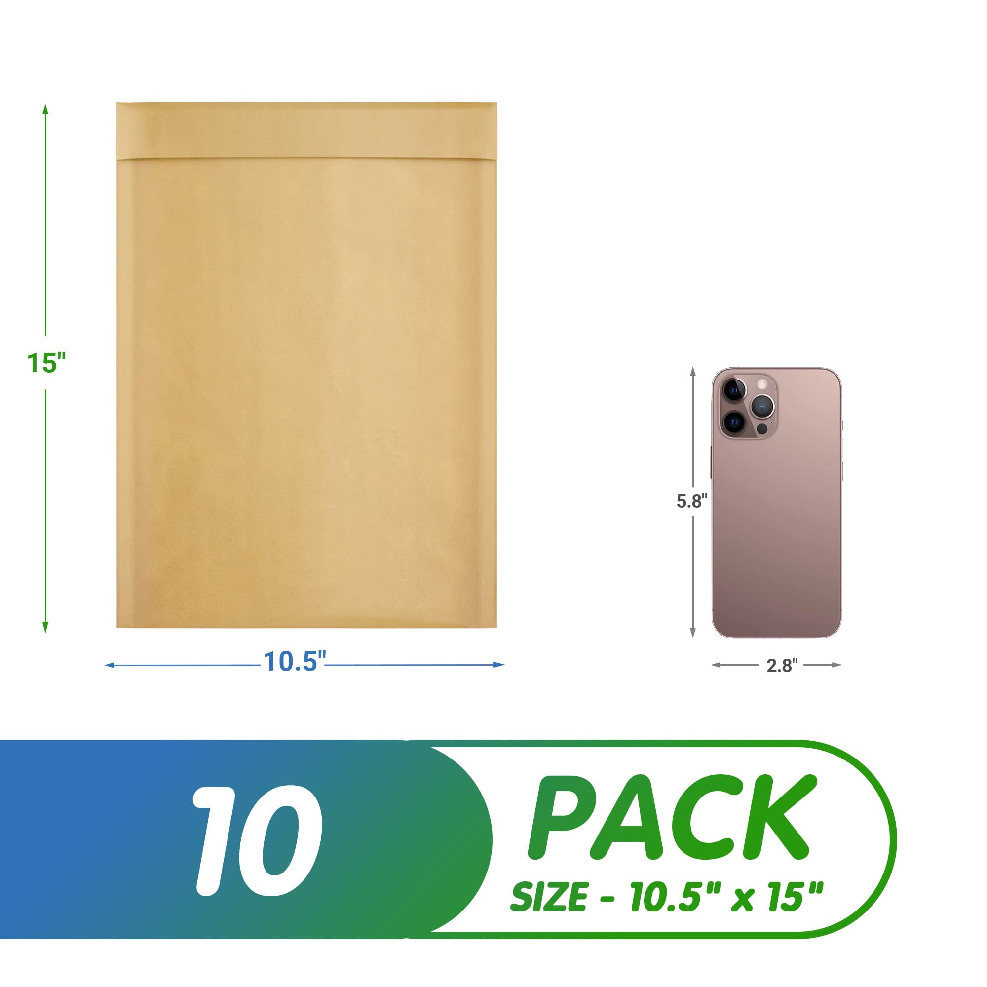 10 pack 10.5 x 15 in Natural Brown Kraft Bubble Mailers Self Seal Bubble Lined