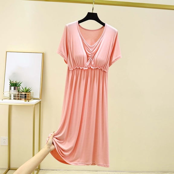 Blmnix Women Nightgown Lightweight Nightgowns with Built in Bra Sleepshirts Nightgown Pink Below-the-Knee Short Sleeve V-Neck Moomoo Nightgowns for Women