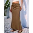 thumbnail image 4 of Linen Flared Maxi Skirt with Back Slit - Elastic Waist Drawstring Long Flowy Ankle-Length Skirt Brown M, 4 of 9
