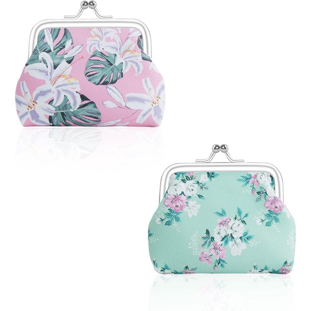 (#2) Monedero de 2 piezas para mujer, monederos de piel sintética con Monedero con cierre de doble broche, diseño floral, para cambio y monedas, para guardar dinero en efectivo, monedas y llaves