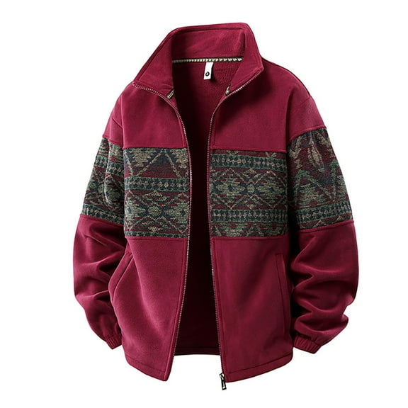 IWRICH Men's Soft Polar Jacket Full Zip Printed Coat Casual Aztec Midweight Winter Outfits Red XL