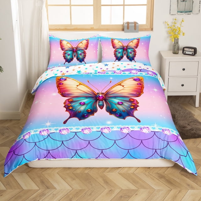Erosebridal Housse de Couette Girly Papillon Simple, Ensembles de Literie Galaxie Psychédélique Étoiles Taille Simple, Réversible (Sans Couette)