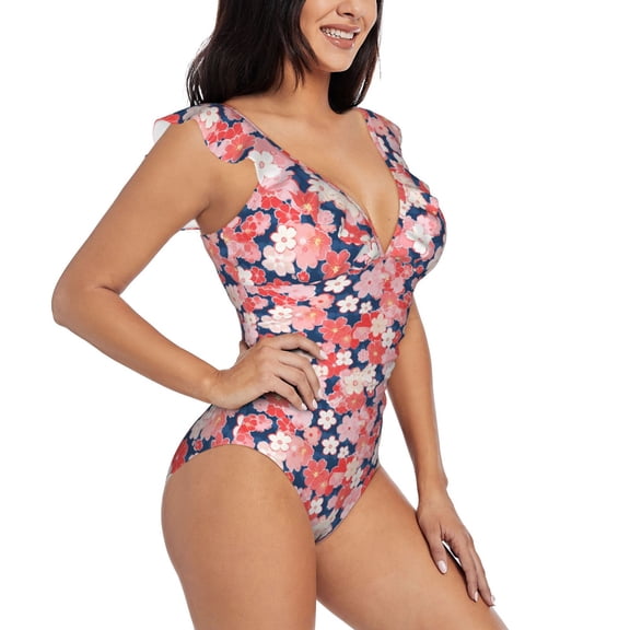 Fotbe Japanese Cherry Blossoms Women's Tummy Control Swimsuits Slimming One Piece Bathing Suit Ruffle Wrap V Neck Swimwear-