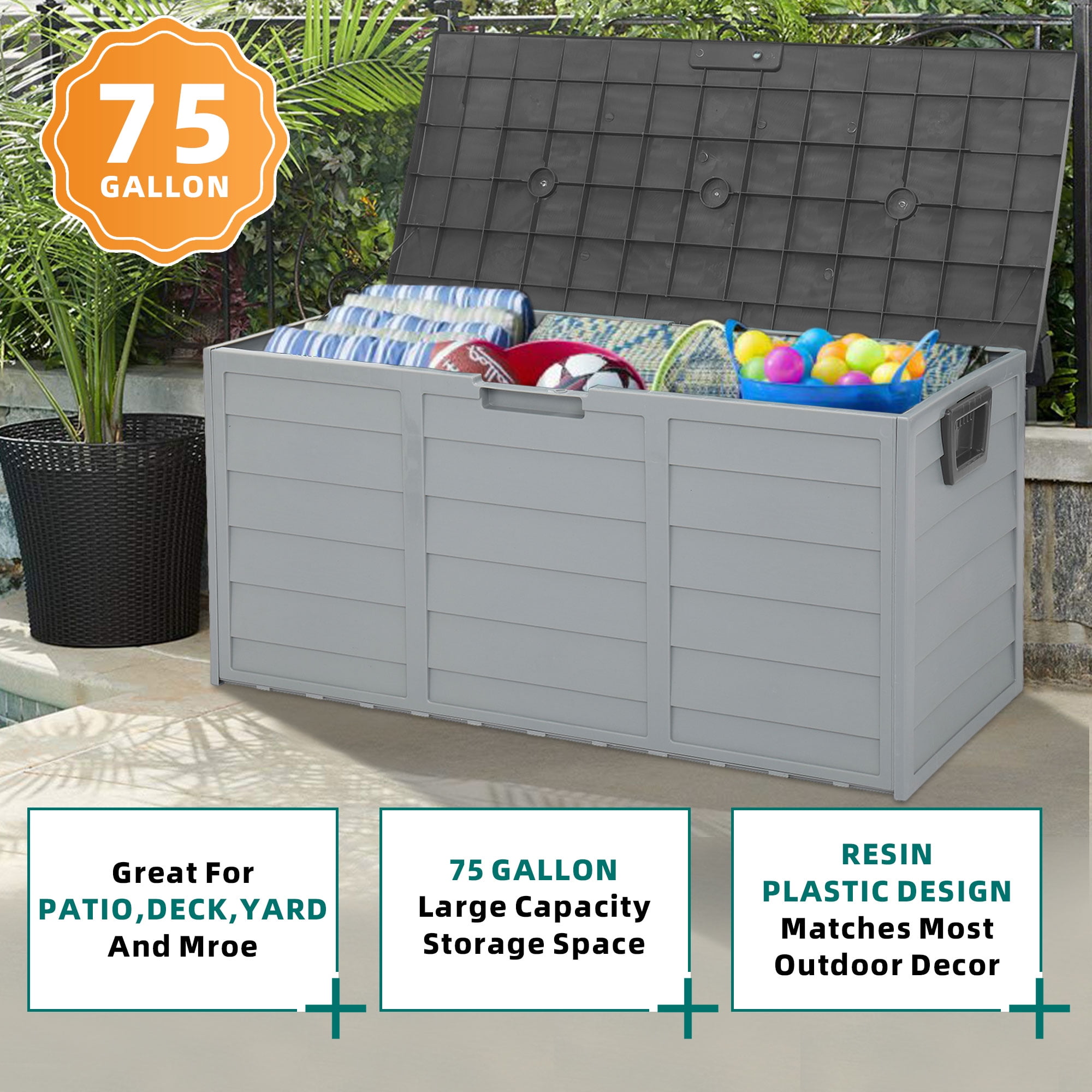 Seizeen 75 Gallon Resin Deck Box on Wheels, Patio Large Storage Cabinet,  Outdoor Waterproof Storage Chest, Storage Container for Outside Furniture