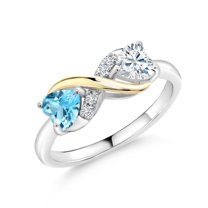 Gem Stone King 925 Silver and 10K Yellow Gold 5MM Heart Swiss Blue Topaz 5MM Heart White Moissanite and Lab Grown Diamond | 1.01 Cttw | Available in Size 5, 6, 7, 8, 9