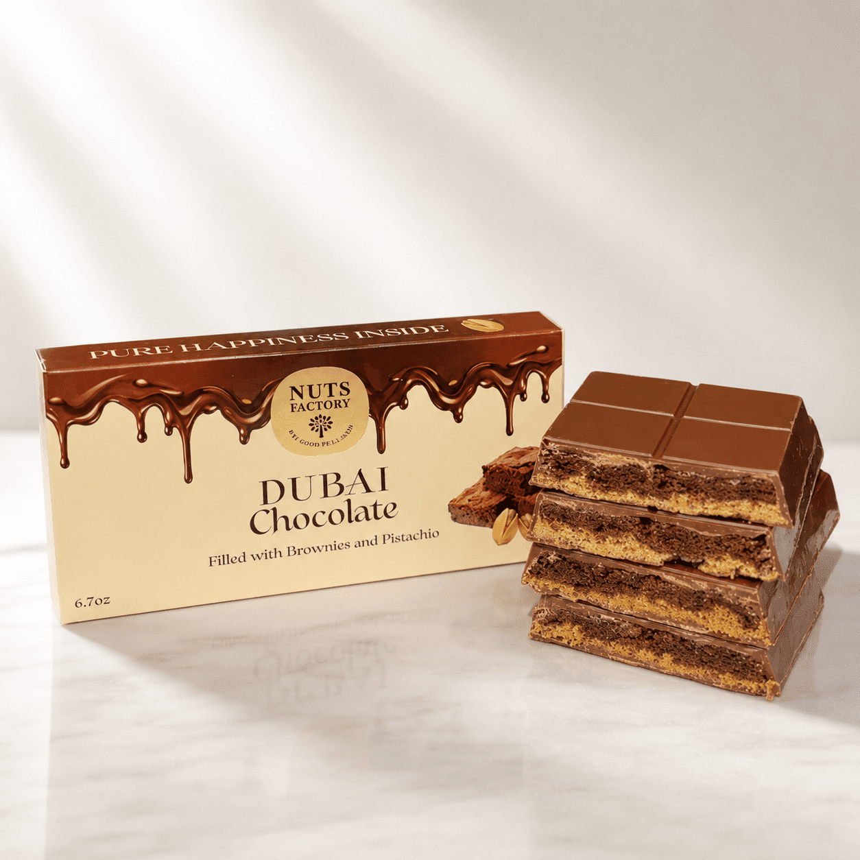 Nuts Factory Dubai Style Brownie Chocolate Bars with Real Brownie Pieces & Pistachio Filling, Pack of 2 Large Bars – #1 Ranked Dubai Chocolate Bars in the World by CNBC
