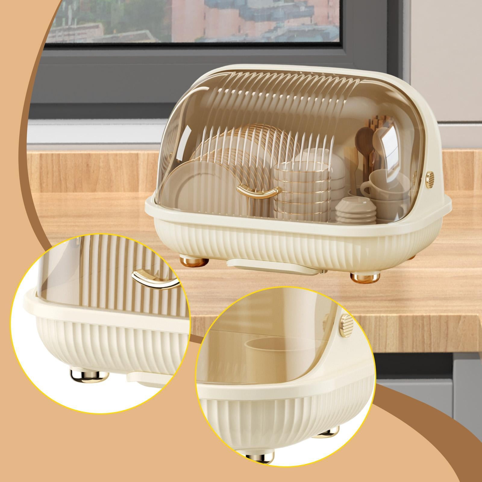 Fiocias Baby Bottle Drying Rack, Desktop Cup Holder, Cup Rack with Flip-top Lid, Cutlery L Cream
