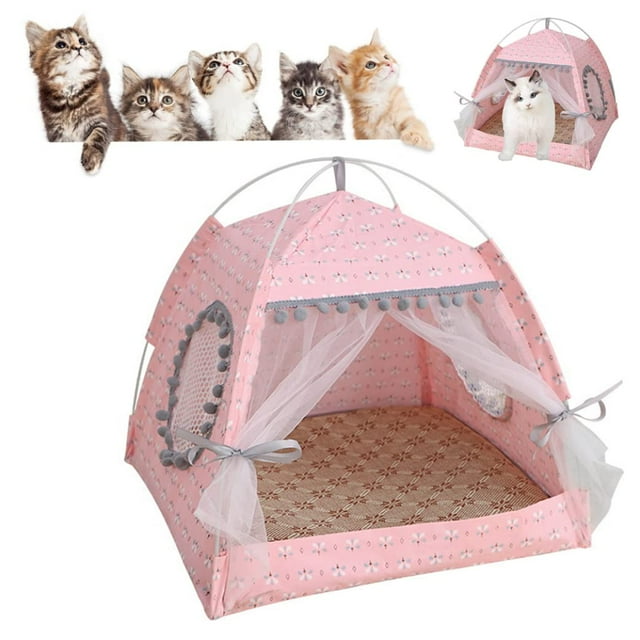 Tienda de campaña para gatos, tipi plegable de princesa para gatos con estampado floral con ventana de encaje y cortina de puerta, casa para perros transpirable (L, 18.9x18.9x19.3in)