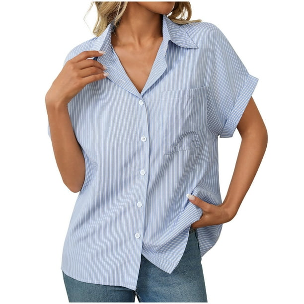 Camisas de Manga Corta para las Mujeres Bolsillo Suelto de Solapa Top a Rayas Casual, Tela de Estante de Imitación para Todo el Año de Uso Diario