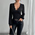 thumbnail image 3 of Fashion Olyvenn Women's Slim Tops Shirt Lace V-Neck Rhinestone Shirt Ruched Raglan Long Sleeve T Shirts Casual Elegant Blouse Black S, 3 of 9