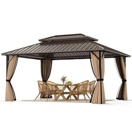 Costway 16 x 12 FT Hardtop Gazebo with Netting Heavy-Duty Double-Roof Galvanized Metal Top