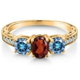 thumbnail image 3 of Gem Stone King 18K Yellow Gold Plated Silver 3-Stone Ring Oval Red Garnet and Vivid Persian Blue Moissanite (1.99 Cttw, Size 6), 3 of 6