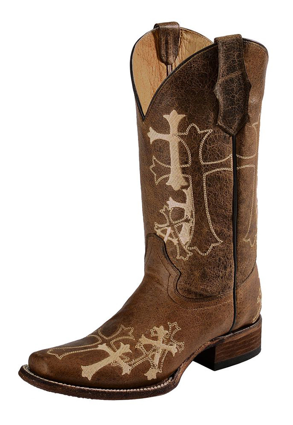 CORRAL Adult Female Side Cross Embroidery Square Toe Boots, Color: Brown/Beige, Size: 8, Width: M